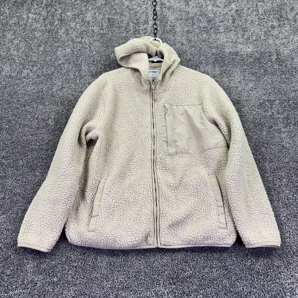 Old Navy Jacket Womens Small Beige Sherpa Fleece Hooded Full Zip Casual Outdoor